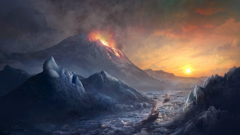 ice, 1080P, ship, sailing, landscape, smoke, artwork, volcano, mountains, iceberg, sunset, Guillem H. Pongiluppi, digital art