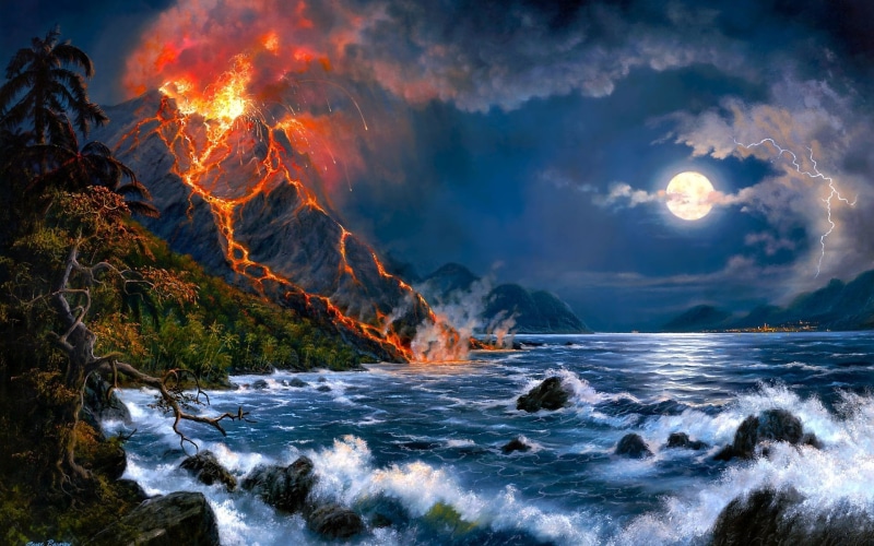 artistic, skies, clouds, night, sea, ocean, flames, moon, fantasy, 1080P, paintings, waves, seascape, landscapes, digital art, forest, trees, fire, moonlight