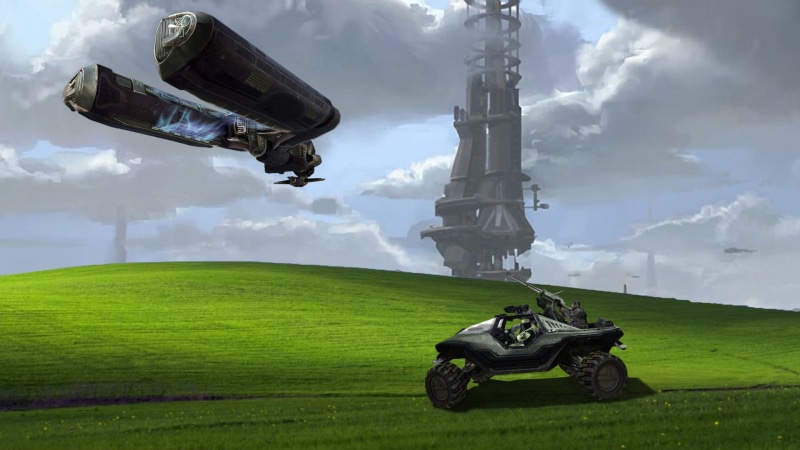 Warthog, Spartans (Halo), Master Chief, clouds, video games, spaceship, futuristic armor, 1080P, video game art, Covenant, Windows XP, aliens, Halo, UNSC