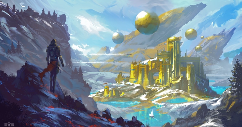 4K, tree, nature, artwork, futuristic, digital painting, snow, paint brushes, silhouette, fantasy art, environment, river, sky, sphere, science fiction