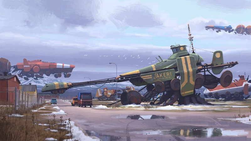 trucks, illustration, cyberpunk, artwork, science fiction, winter, digital art, snow, vehicles, futuristic, spaceships, Simon Stålenhag, sci-fi, fantasy