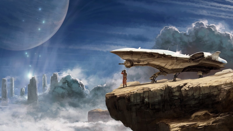 clouds, sci-fi, 1080P, planet, astronaut, fantasy art, fantasy, Explorer, artwork, digital art, spaceship, science fiction, sky, Kelvin Liew, rocks