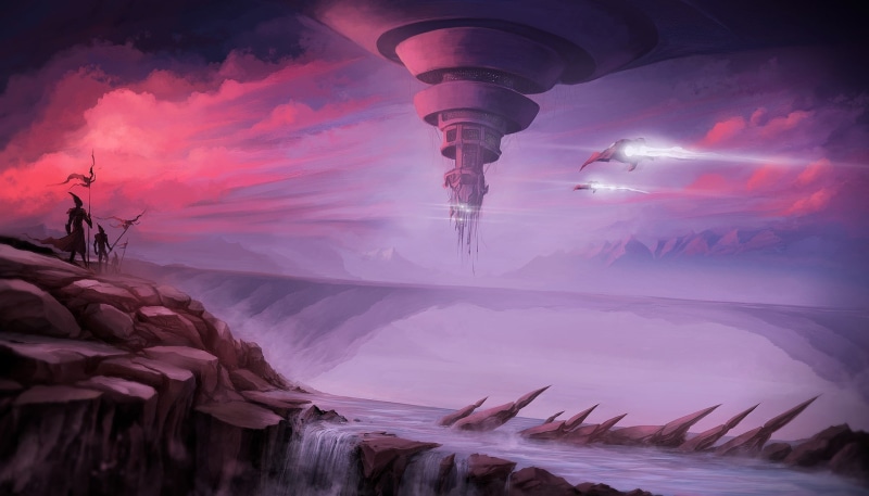 futuristic, sunset, clouds, sky, aircraft, twilight, artwork, arms, 1080P, waterfalls, river, Spaceships, fantasy, fantasy art, spears, science fiction