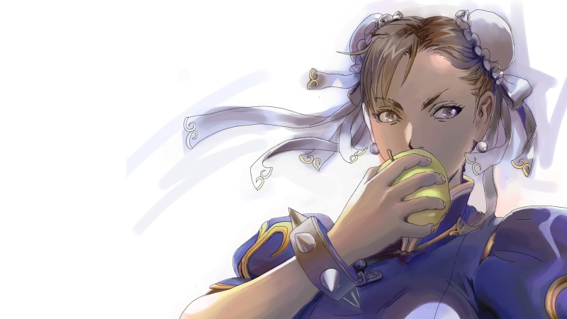 girls, leisure activity, front view, young adult, indoors, looking at camera, eating, studio shot, Chun-Li, video games, 2K, Street Fighter, women, young women