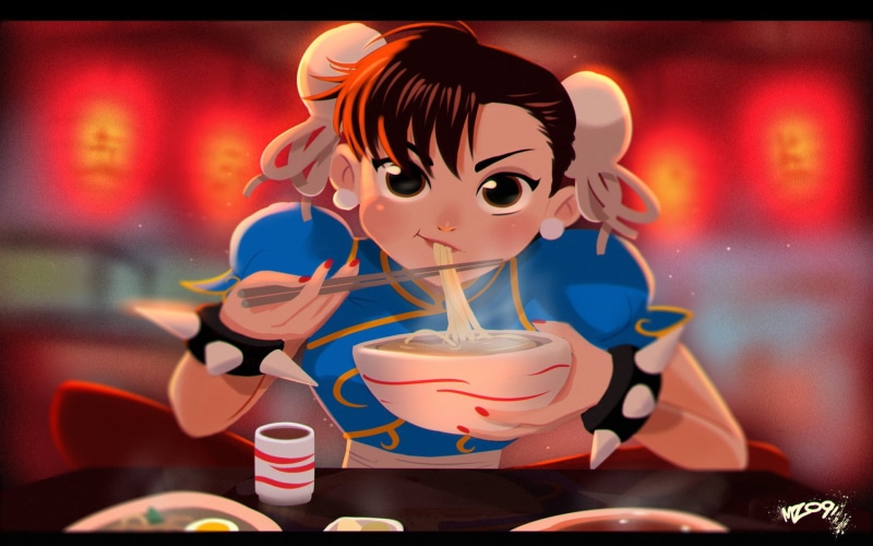 charactger, chun-li, street, noodles, li, eating, chun, fighter, illustration, 1080P