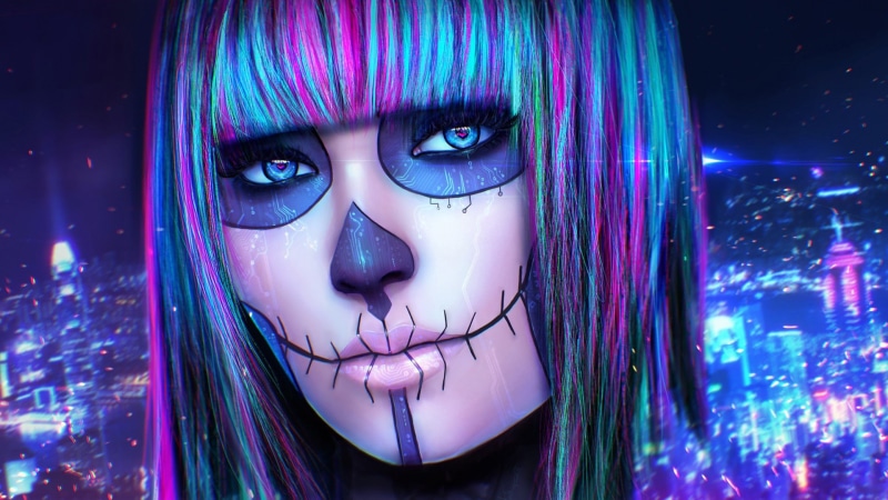 headshot, human body part, fashion, pink color, purple, dyed hair, portrait, hairstyle, illuminated, beautiful woman, indoors, MagicnaAnavi, 1080P, neon colored