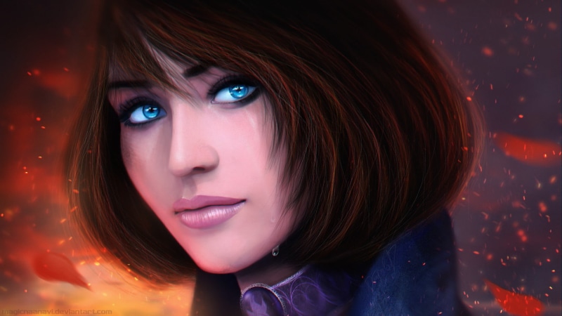 looking, adult, headshot, close-up, brown hair, indoors, young women, Elizabeth (BioShock), portrait, beauty, 1080P, blue eyes, MagicnaAnavi, beautiful woman