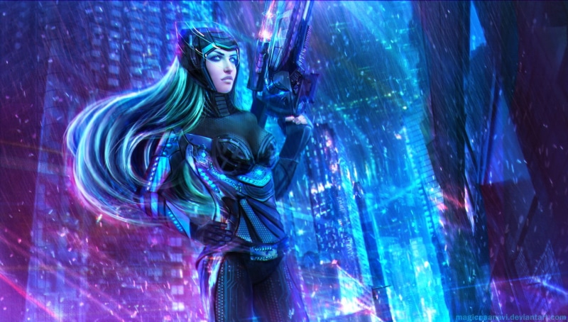 long hair, MagicnaAnavi, science fiction, beautiful woman, 1080P, young adult, clothing, illuminated, DeviantArt, futuristic, portrait, hairstyle, technology