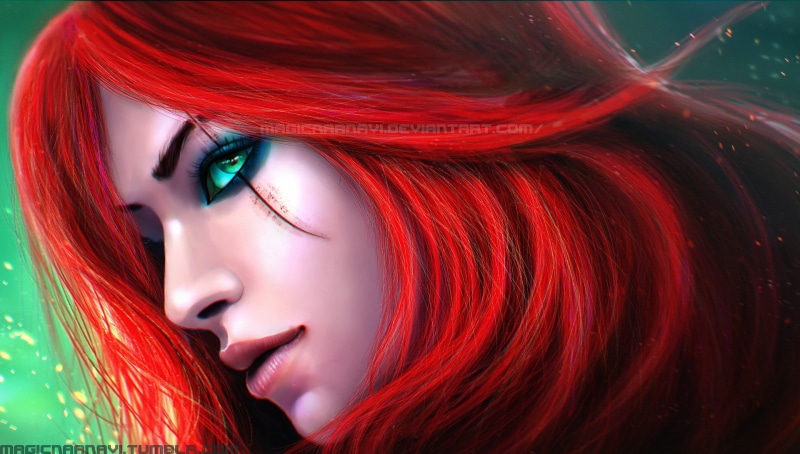 artwork, 1080P, digital art, MagicnaAnavi, green eyes, Katarina, redhead