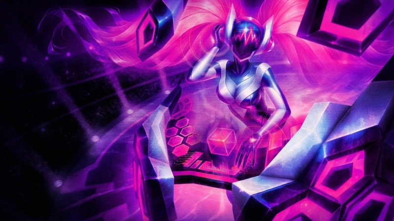 night, close-up, science, League of Legends, indoors, hair, no people, nightlife, projection, illuminated, DJ Sona, DJ, pattern, creativity, neon colored