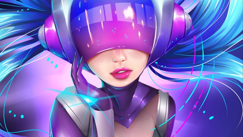 futuristic, illuminated, human face, indoors, blue background, young adult, 2K, headphone, women, helmet, human body part, portrait, dj sona, front view