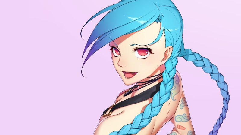 young adult, fashion, legends, blue hair, blue background, jinx, cyan, turquoise colored, 1080P, blue, League of Legends, beauty, portrait, headshot, one person