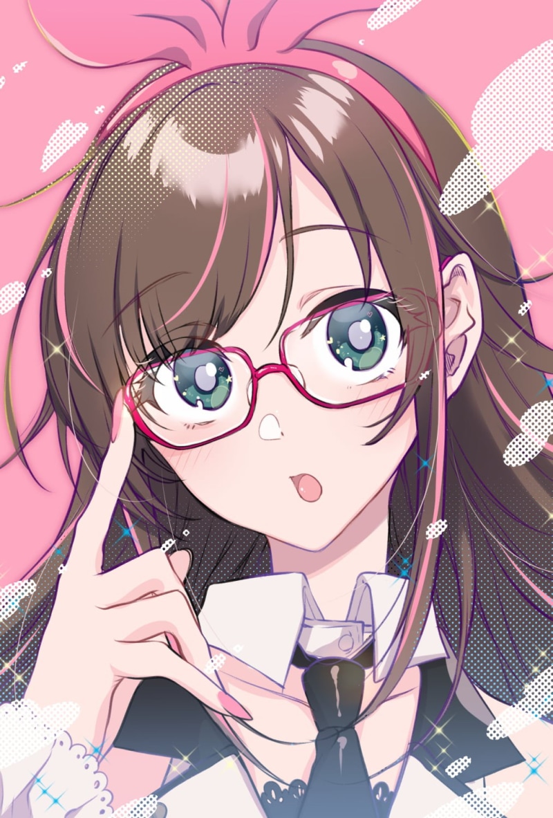 brunette, anime girls, simple background, glasses, green eyes, long hair, 720P, Virtual Youtuber, pink background, anime, Kizuna Ai