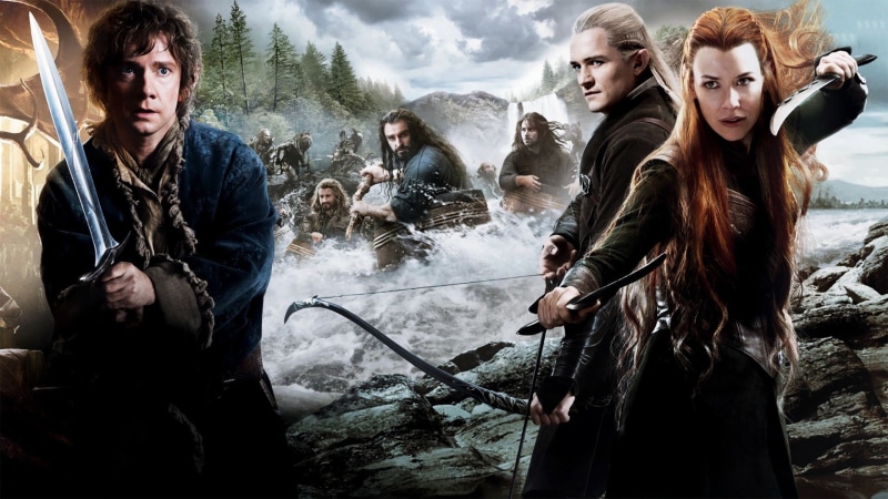 Orlando Bloom, outdoors, standing, young men, hobbit, women, day, Martin Freeman, movies, real people, motion, young women, The Hobbit, digital, nature