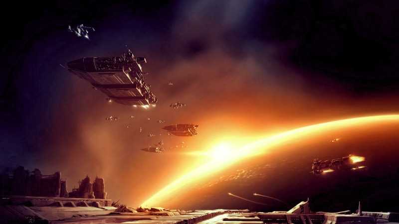 built structure, outdoors, futuristic, air vehicle, flying, destruction, illuminated, 1080P, video games, city, sky, cloud - sky, building exterior, spaceship
