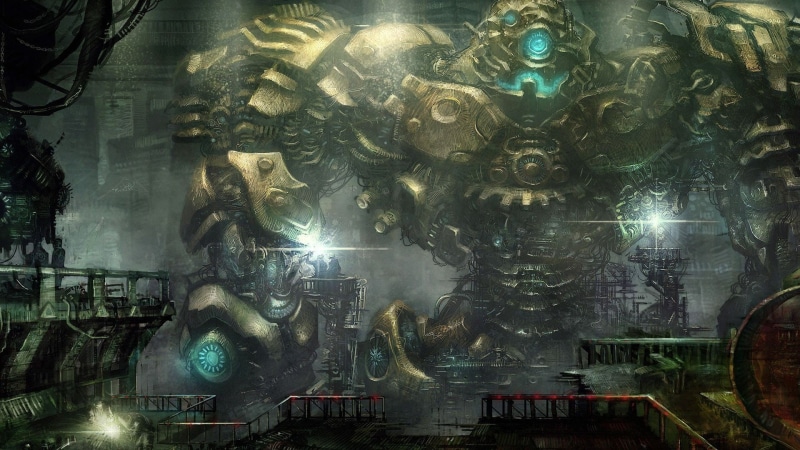 1080P, indoors, illuminated, robot, technology, religion, cyberpunk, nature, mech, building, creativity, human representation, science fiction, digital composite