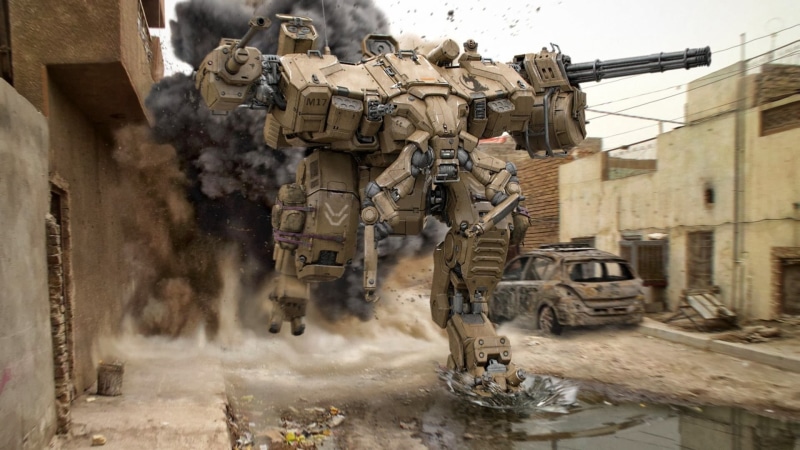building exterior, brown, war, 1080P, military, mech, mode of transportation, no people, built structure, robot, science fiction, building, machinery