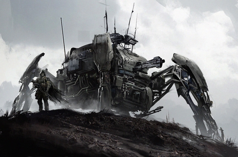 people, low angle view, transportation, game, technology, sky, military, science fiction, robot, nature, outdoors, day, water, architecture, rock - object