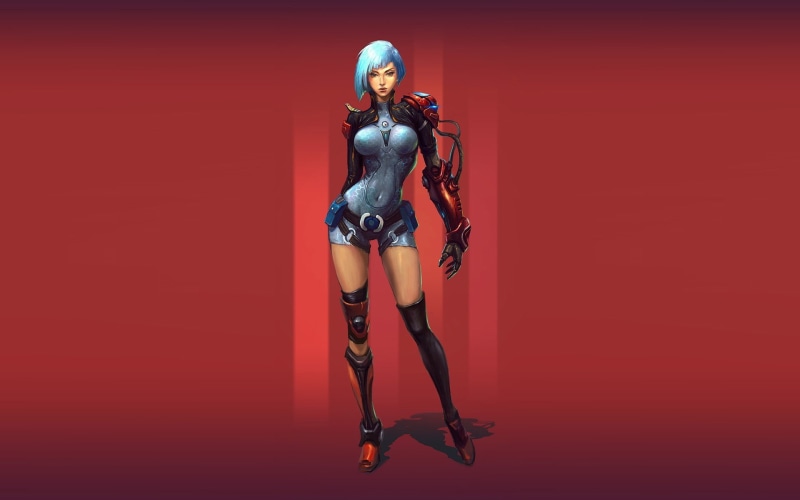 Girl, red, robot, cyborg, 1080P, background