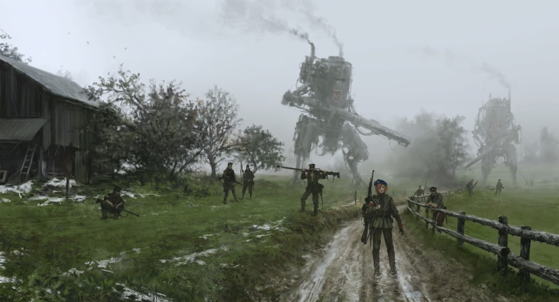 landscape, robot, soldier, Jakub Różalski, illustration, mech, science fiction, 1080P