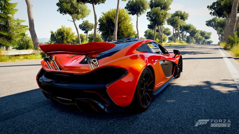 1080P, street, tree, game, sunlight, no people, red cars, outdoors, symbol, orange, car, road, Forza, orange color, McLaren P1, sports, in a row, asphalt