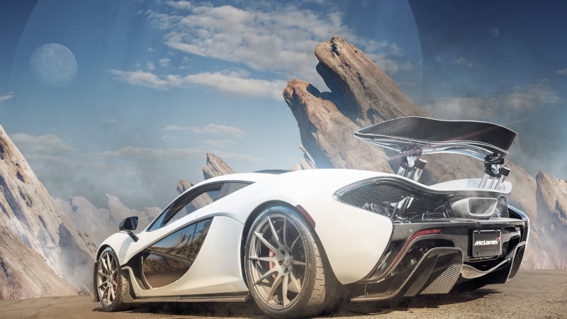 1080P, mclaren p1, mclaren, white car, fantasy landscape, mclaren automotive, artwork, supercar, sports car