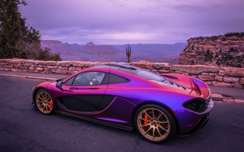 transportation, day, cloud - sky, no people, car, mode of transportation, retro styled, pink color, purple, city, land vehicle, 1080P, mountain, coupe