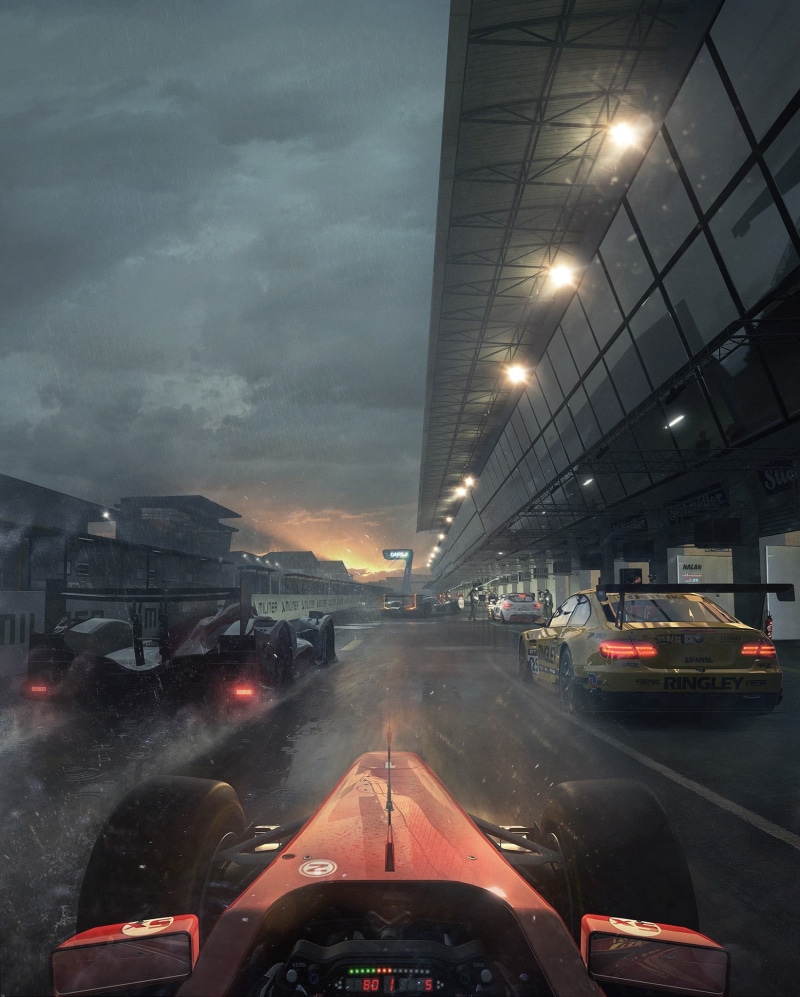 street light, gray, incidental people, video games, land vehicle, Project cars, transportation, architecture, road, built structure, mode of transportation