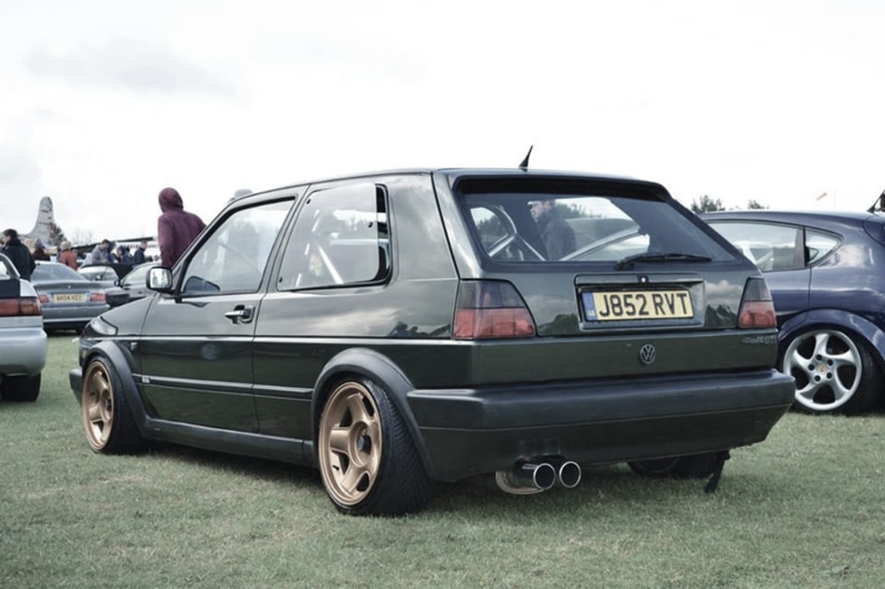 small, black, GTI, copy space, outdoors, Ricer, stationary, sports car, nature, car washes, green, evening, 720P, clear sky, field, door, grass, golf