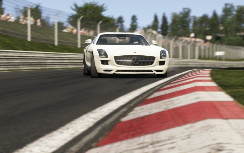 720P, Mercedes-Benz SLS AMG, flag, day, racing, Project cars, drift, mode of transportation, motor racing track, mercedes, motor vehicle, blurred motion