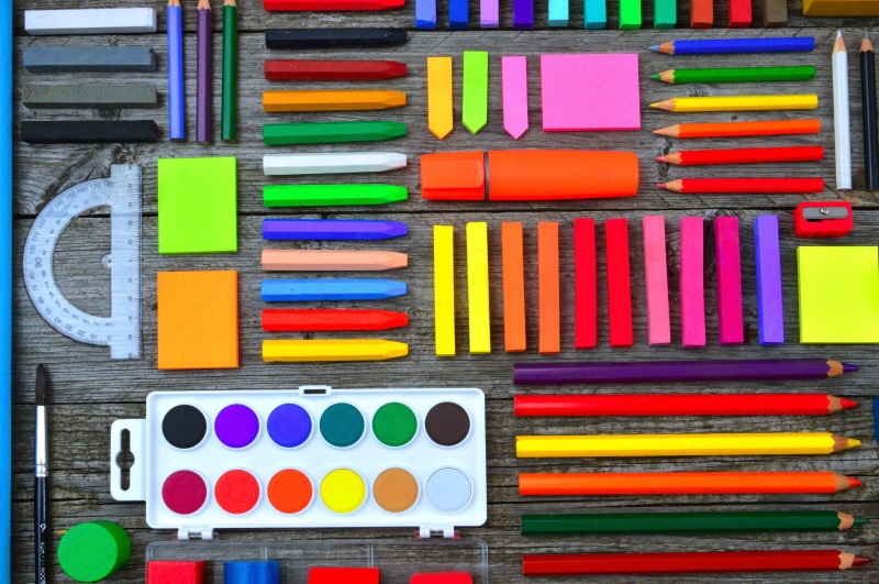 5K, colored pencil, no people, school, side by side, large group of objects, childhood, pencils, abundance, art and craft equipment, paint, variation