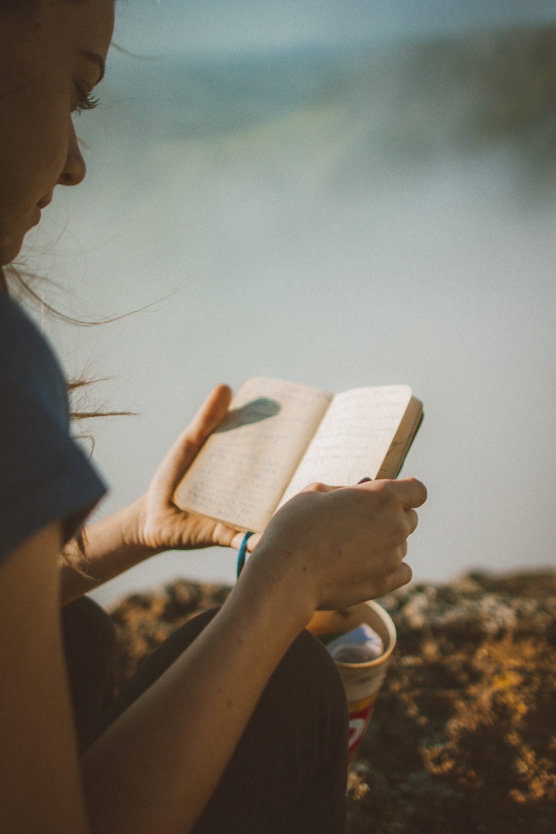 concentration, three quarter length, person, young women, reading, side view, publication, notebook, sunlight, communication, face, day, 5K, one person