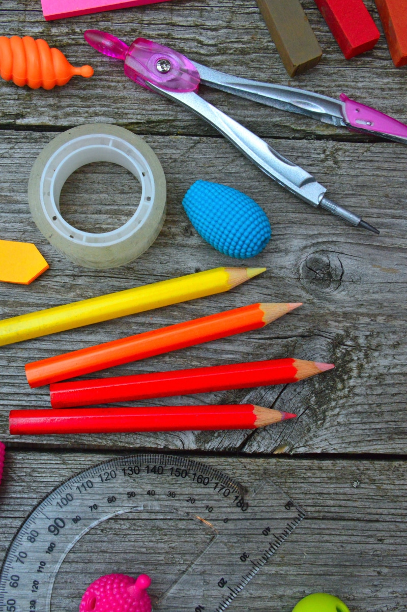 ruler, brush, equipment, school times, gardening, watercolor, close-up, scissors, large group of objects, multi colored, variation, high angle view, color