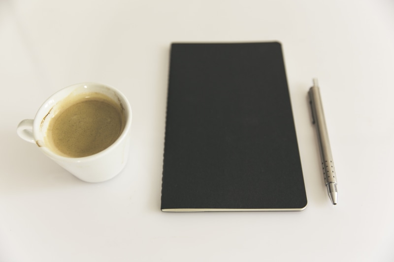 book, diary, still life, refreshment, coffee cup, drink, learn, 5K, seal, cup, fountain pen, paper, desk, crockery, copy space, high angle view, black