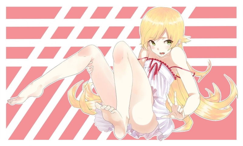 girls, series, ears, vampires, long, nisemonogatari, slit, eyes, dress, open, hair, bare, pupils, anime, yellow, mouth, shoulders, fangs, shinobu, simple