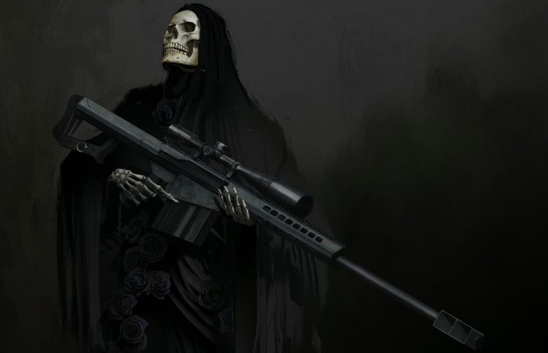 hood, skull, sight, fantasy, weapons, sniper rifle, 1080P, art, skeleton