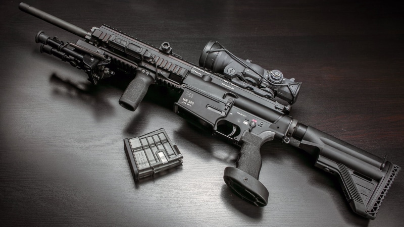 black Color, table, warning sign, Heckler andamp; Koch, MR308, military, close-up, handgun, danger, sight, security, no People, social issues, bipod