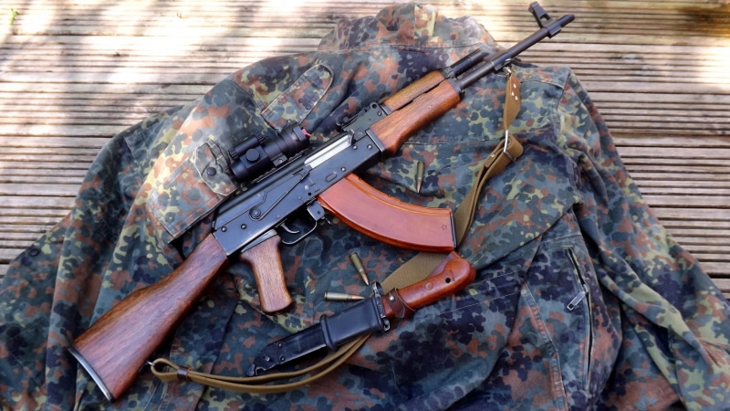 outdoors, sight, wood - material, no people, aggression, machine, gun, black, brown, ak, bayonet, weapon, obsolete, conflict, security, AKM, sign, rifle