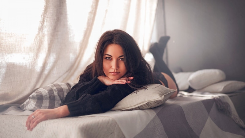 indoors, women, sight, black stockings, bedroom, portrait, 1080P, legs up, pillow, women indoors
