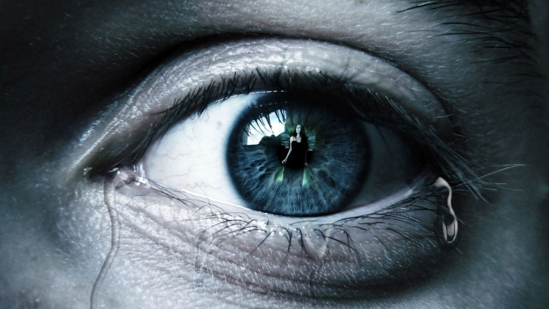 women, artwork, human skin, eyelash, blue eyes, tears, human face, sensory perception, dark hair, detailed, eyelid, one person, portrait, iris - eye, skin