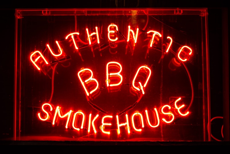food and drink, no people, red, information, bbq, illuminated, communication, sign, message, night, nightlife, glowing, business, outdoors, single word