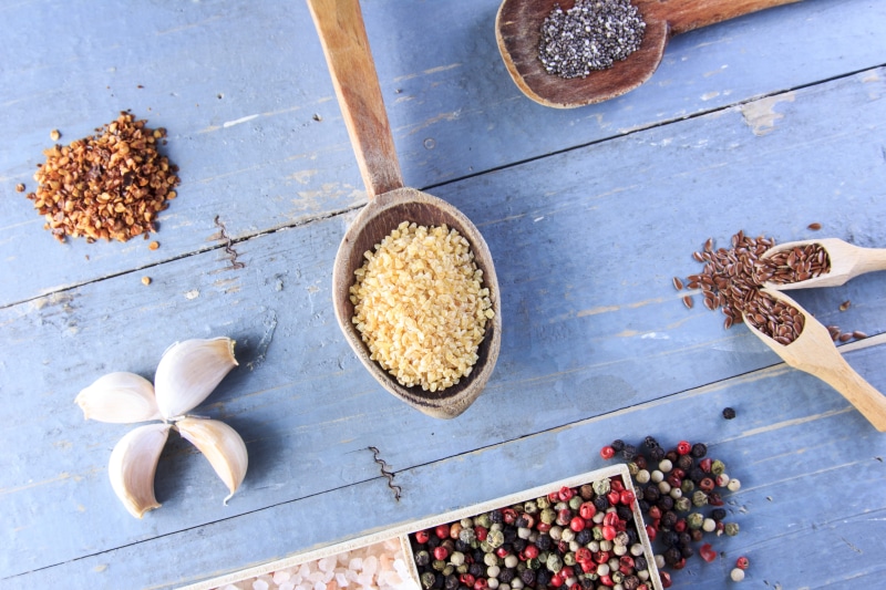 food, directly above, ingredient, plant, spice, freshness, blue, bulgur, food and drink, table, gastronomy, wood - material, garlic, wellbeing, authentic