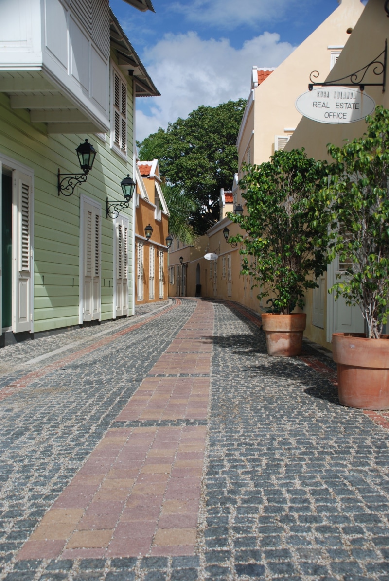 sky, outdoors, nature, colored houses, building exterior, residential district, house, the way forward, potted plant, footpath, paving stone, cobblestone