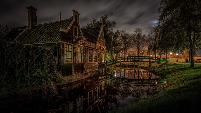 village, canal, damaged, sky, 1080P, darkness, land, building exterior, no people, building, tree, nature, house, night, home, netherlands, zaanstad, old