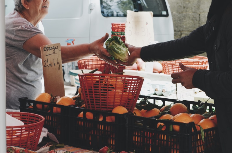 alimentation, container, real people, seller, two people, authentic, women, market stall, vegetable, meet, france, customer, consumerism, for sale, food