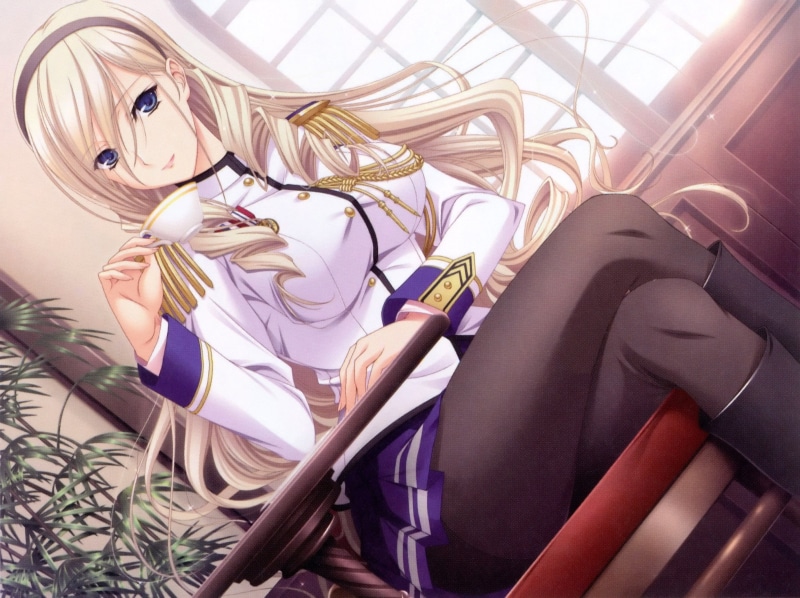 blonde, window, clothing, Walkure Romanze, coathanger, sitting, blue eyes, anime girls, Celia Cumani Aintree, indoors, chair, scanned image, nature, representation