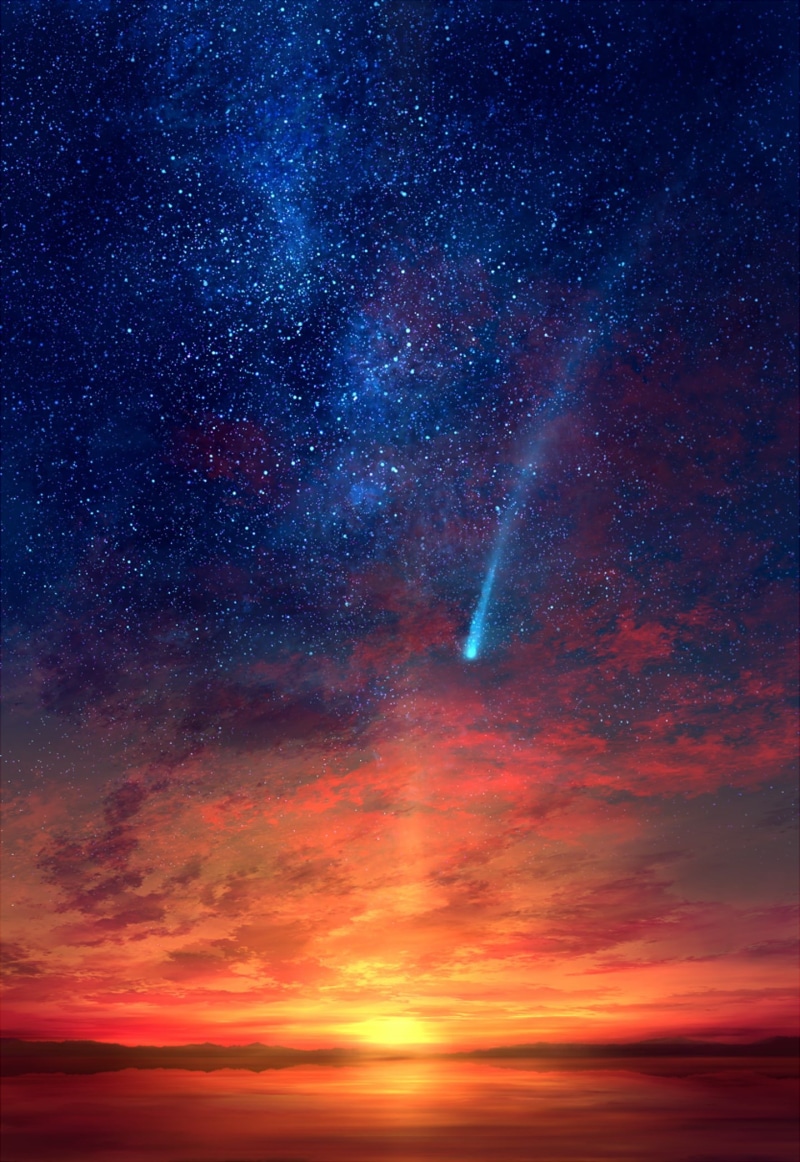 red, original, scan, stars, 1080P, anime, sky, clouds, blue, landscape