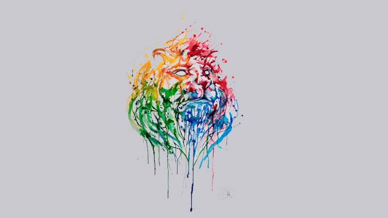 1080P, indoors, science, paint splatter, simple background, artwork, animals, white background, creativity, gray, digital composite, lion, no people, paint