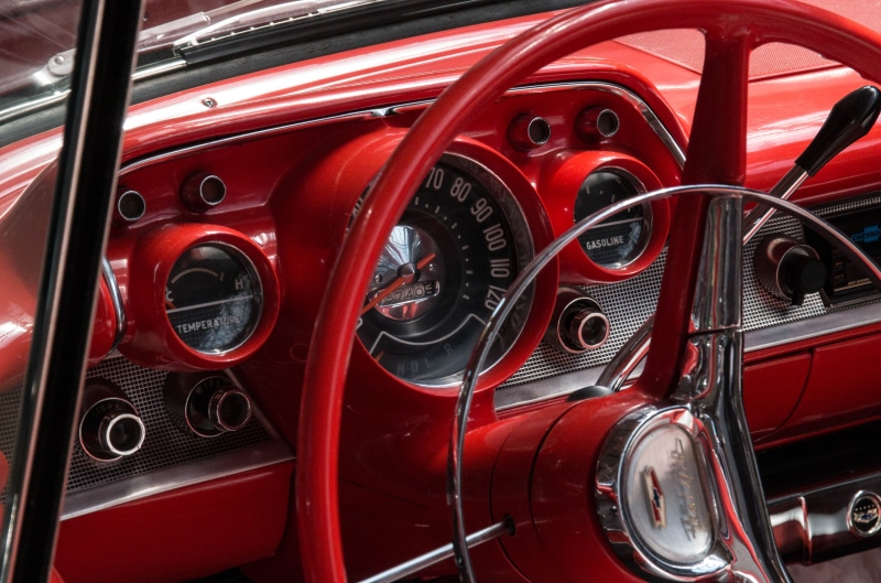 wheel, classic, auto, close-up, ad, old, dashboard, day, red, outdoors, speed display, vintage car, kilometer display, fuel gauge, speedo, land vehicle