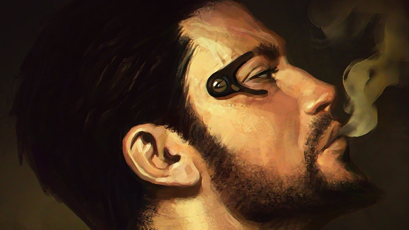 looking away, digital art, 1080P, young adult, indoors, mustache, portrait, hopelessness, black background, facial hair, looking, video games, Deus Ex